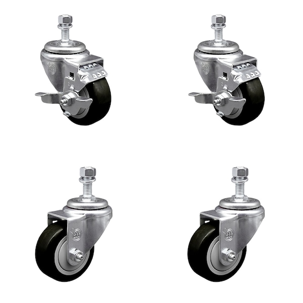 Service Caster 3.5 Inch Black Polyurethane Wheel Swivel 1/2 Inch Threaded Stem Caster Brake, 2PK TS20S3514-PPUB-BLK-TLB-121315-2-S-2 - main